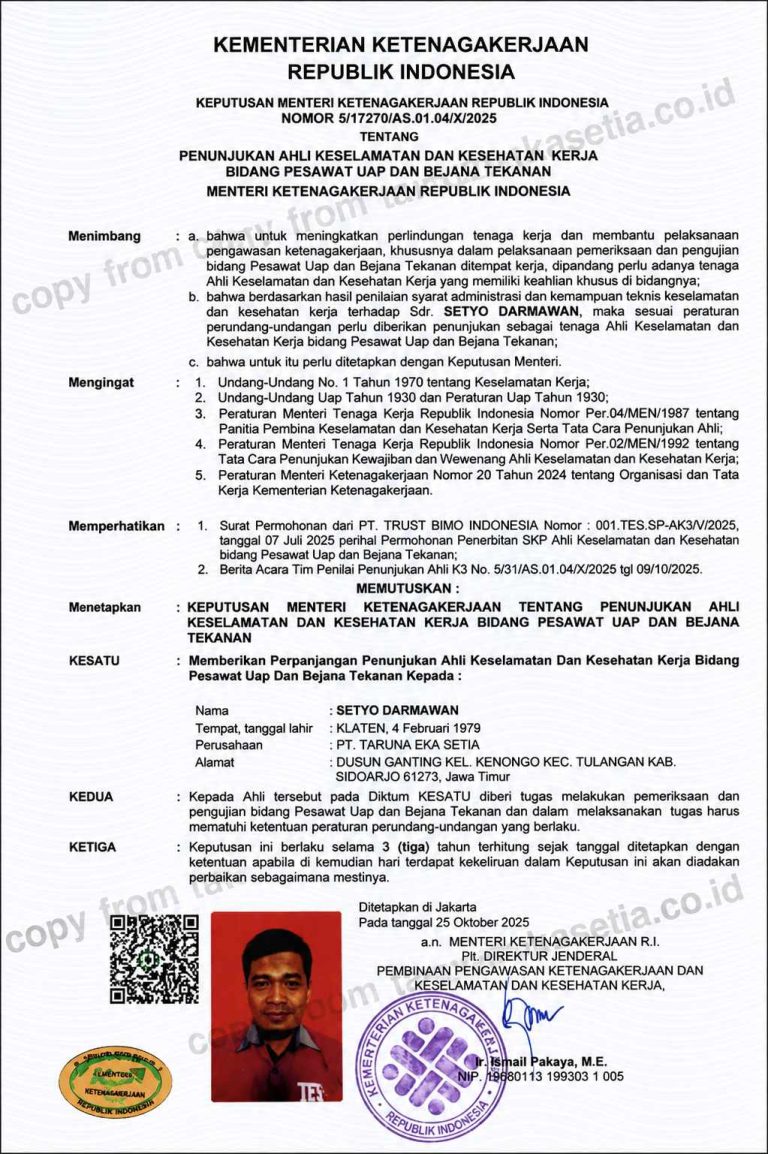 sertifikat K3 PT Taruna Eka setia