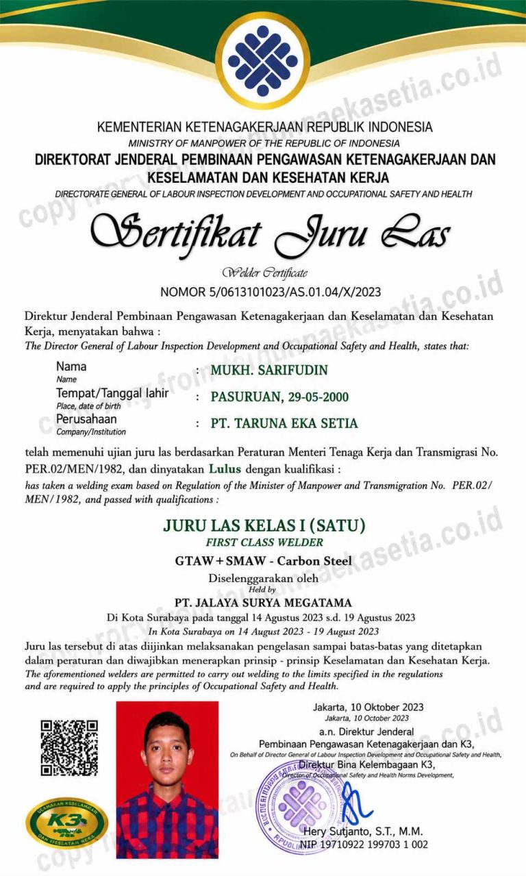 Sertifikat Juru Las Kelas I - Mukh. Sarifudin